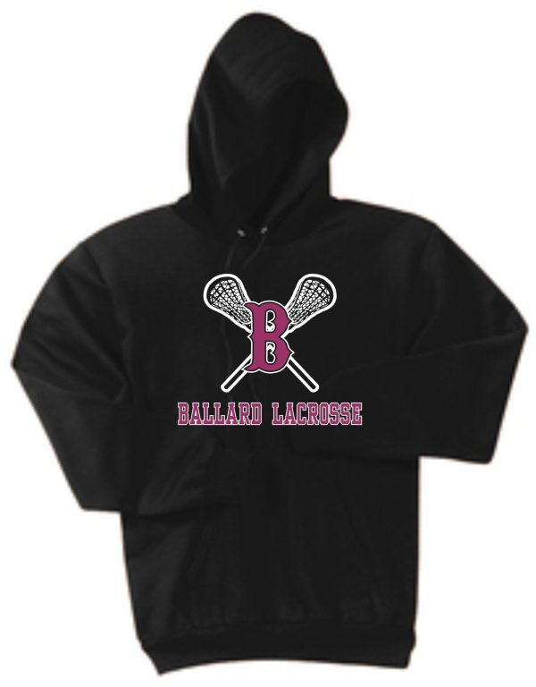 Black hoodie featuring a Ballard FULL FRONT LACROSSE logo with two crossed lacrosse sticks and the letter 'b'.