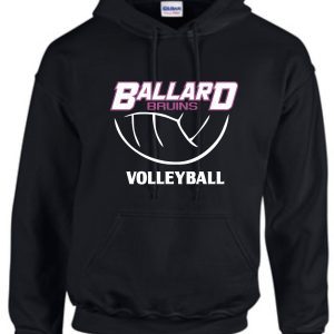 Ballard Volleyball spirit black Hoodie G185 with "ballard bruins volleyball" printed in pink and white on the front.