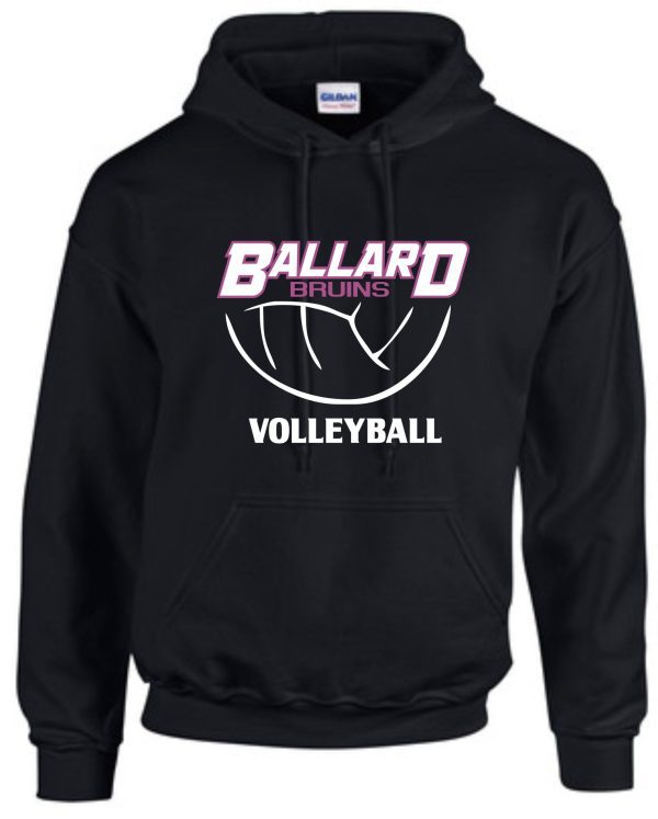 Ballard Volleyball spirit black Hoodie G185 with "ballard bruins volleyball" printed in pink and white on the front.