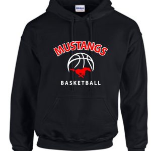 St Margaret Mary Basketball Black Hoodie G185 with "mustangs basketball" text and a basketball graphic on the front.