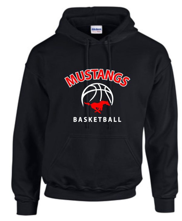 St Margaret Mary Basketball Black Hoodie G185 with "mustangs basketball" text and a basketball graphic on the front.