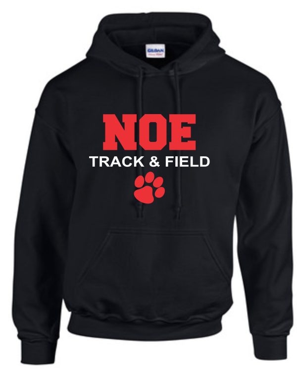 Noe Middle School Track Hoodie G185 with the text "noe track & field" in red, accompanied by a red paw print graphic, displayed on a plain background.