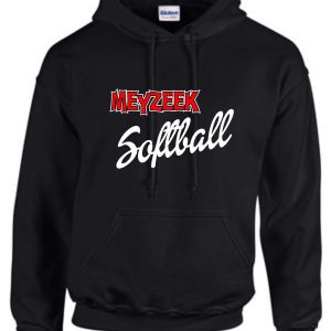 Meyzeek Softball Black Hooded sweatshirt 50/50 blend G18500 with "meyzeek softball" printed in red and white across the front.