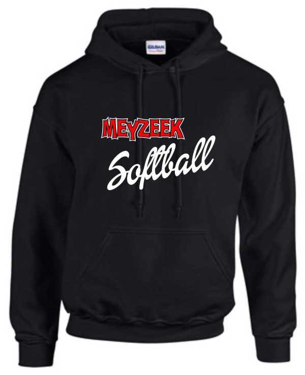 Meyzeek Softball Black Hooded sweatshirt 50/50 blend G18500 with "meyzeek softball" printed in red and white across the front.