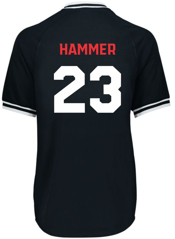 Back view of a Meyzeek Baseball Holloway Junior Varsity black jersey displaying the number 23 and the name "hammer" in white block letters.