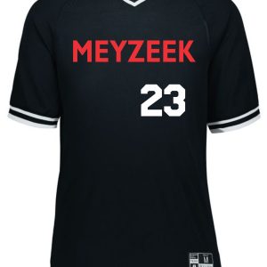 Black and white Meyzeek Baseball Holloway Junior Varsity jersey with the word "meyzeek" and the number 23 printed in white on the front.