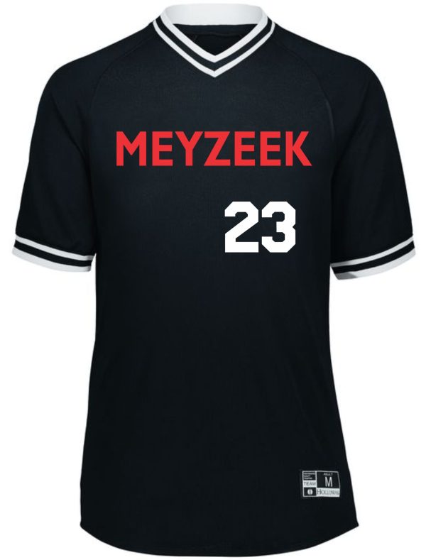 Black and white Meyzeek Baseball Holloway Junior Varsity jersey with the word "meyzeek" and the number 23 printed in white on the front.