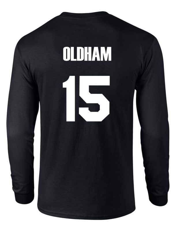 Meyzeek Softball long sleeve shirt with the word "oldham" and the number "15" printed in white on the back.