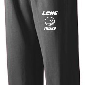 LCHE Tigers Black Open Bottom sweatpants with a white "LCHE tigers" logo on the left thigh, featuring an elastic waistband and drawstring.