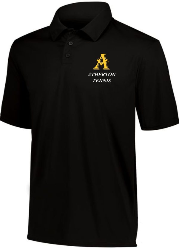 Black polo shirt with Atherton Tennis logo.