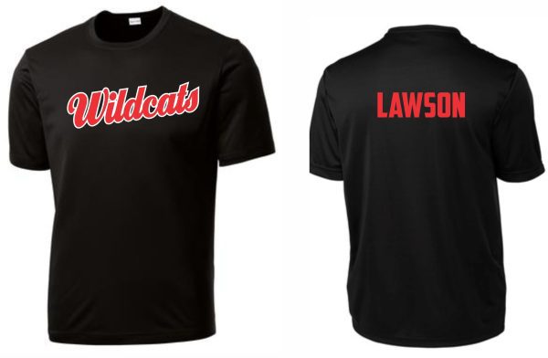 Front and back views of a 2023 Waggener Baseball Moisture wicking t ST350 with "wildcats" in red script on the front and "lawson" in white block letters on the back.