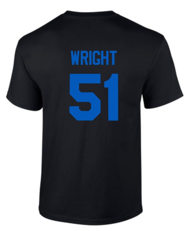 JCTMS Centurion Black Royal T shirt G8000 with the name "wright" and number "51" in blue on the back.