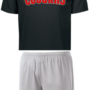 Black t-shirt and gray shorts with Cougars logo.