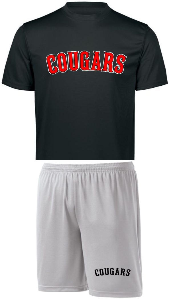 Black t-shirt and gray shorts with Cougars logo.