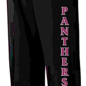 Black OSLS adult sized sweatpants 973 with vertical "panthers" text in pink down the left leg.