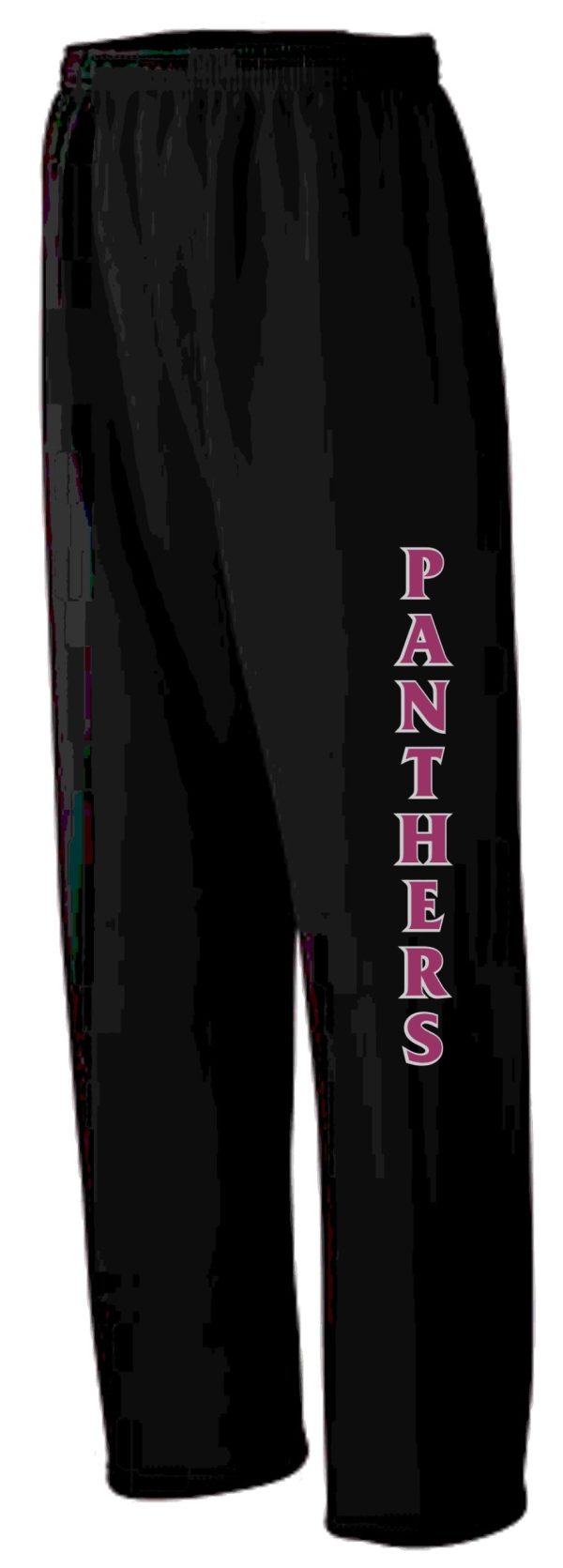 Black OSLS adult sized sweatpants 973 with vertical "panthers" text in pink down the left leg.