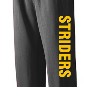 Gray sweatpants with "Striders" logo.