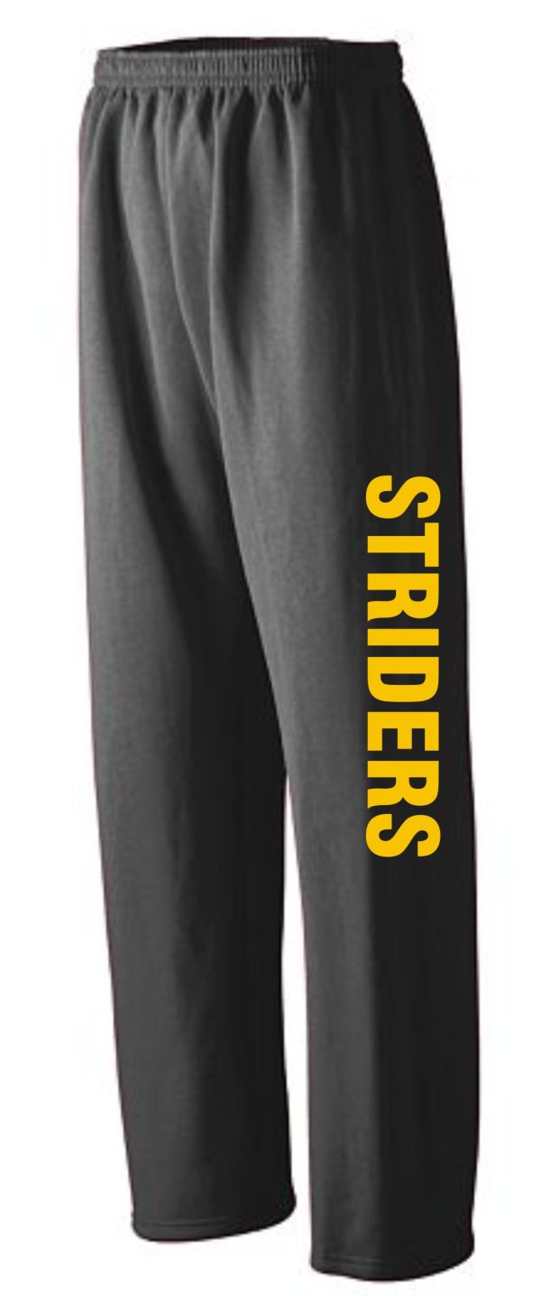 Gray sweatpants with "Striders" logo.