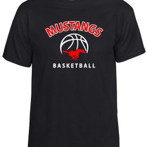 SMM Basketball Black 50/50 cotton t shirt G8000 featuring the word "mustangs" in red above a basketball graphic and the word "basketball" below in white.