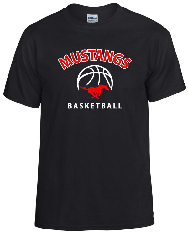 SMM Basketball Black 50/50 cotton t shirt G8000 featuring the word "mustangs" in red above a basketball graphic and the word "basketball" below in white.