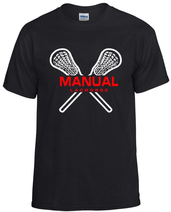 Black t-shirt with lacrosse sticks design.