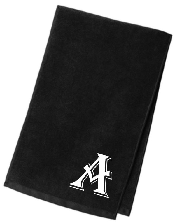 Black towel with white letter A.