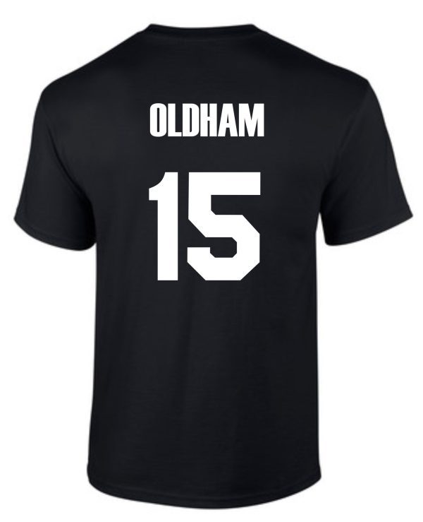 Louisville Tigers Basketball Black T shirt G8000 with the word "oldham" and the number "15" printed in white on the back.