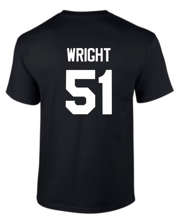 JCTMS Centurion Black white T shirt G8000 with the name "wright" and the number "51" printed in white on the back.