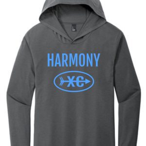 Harmony XC Ladies Charcoal long sleeve V-neck hoodie DM139L with the word "harmony" and a logo featuring a fish and two crossed utensils in blue.