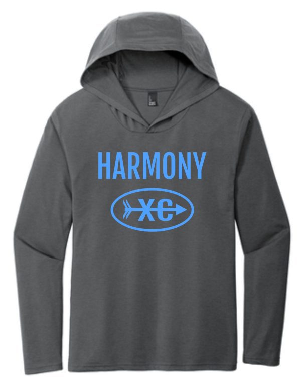 Harmony XC Ladies Charcoal long sleeve V-neck hoodie DM139L with the word "harmony" and a logo featuring a fish and two crossed utensils in blue.