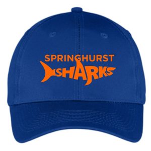 Springhurst Sharks royal hat CP80 with the "springhurst sharks" logo featuring a stylized orange shark.