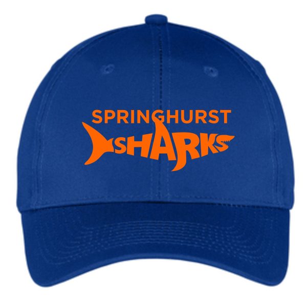 Springhurst Sharks royal hat CP80 with the "springhurst sharks" logo featuring a stylized orange shark.