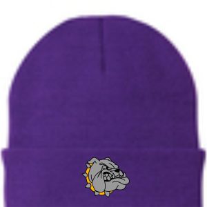 Purple beanie with a bulldog logo.