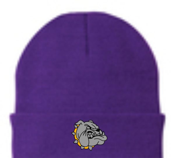 Purple beanie with a bulldog logo.