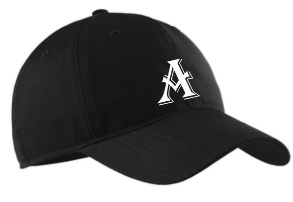 Black baseball cap with white letter A.