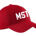 Red baseball cap with "MST" logo.