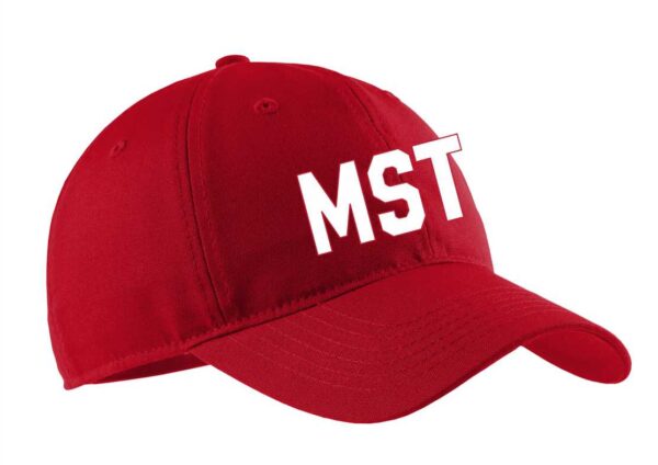 Red baseball cap with "MST" logo.