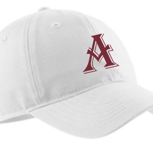 White baseball cap with a red "A" logo.