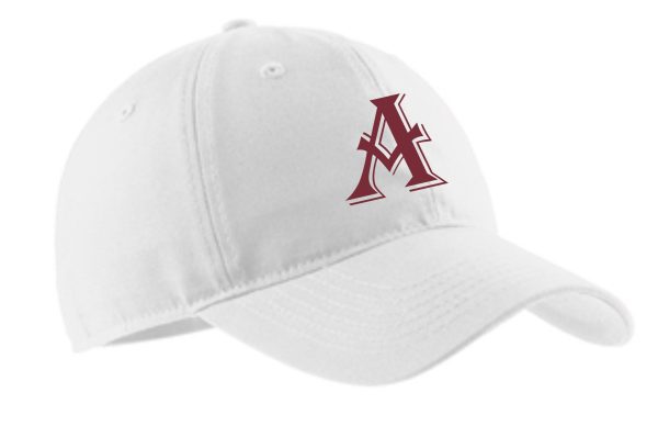 White baseball cap with a red "A" logo.