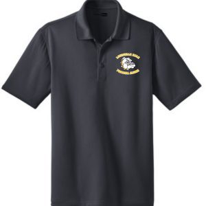 Dark grey polo shirt with bulldog logo.