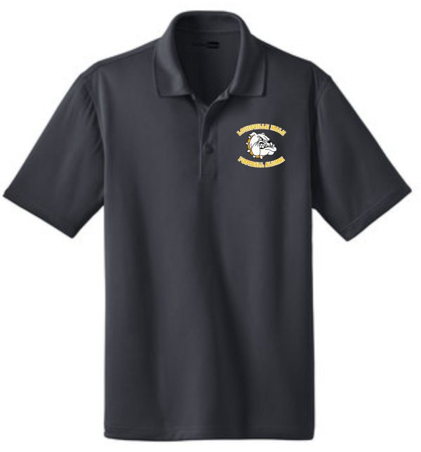 Dark grey polo shirt with bulldog logo.