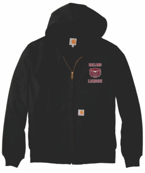 Ballard Lacrosse Carhartt ® Thermal-Lined Duck Jacket CTJ131 with a hood, featuring a small logo on the left chest and a larger "bulldog lacrosse" logo with a bulldog graphic on the right side.