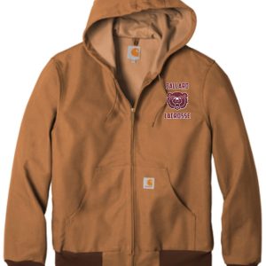 A brown zip-up hoodie with a hood, featuring a "Ballard Lacrosse Carhartt ® Thermal-Lined Duck Jacket CTJ131" logo on the right chest and a small orange "Carhartt" logo on the left pocket.