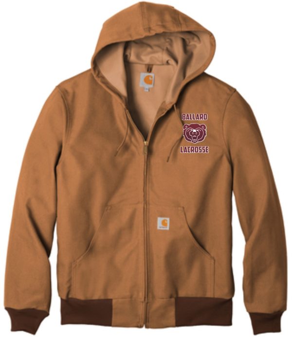 A brown zip-up hoodie with a hood, featuring a "Ballard Lacrosse Carhartt ® Thermal-Lined Duck Jacket CTJ131" logo on the right chest and a small orange "Carhartt" logo on the left pocket.