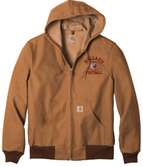 Brown Ballard Football Carhartt ® Thermal-Lined Duck Jkt CTJ131 with a hood, featuring a "ballard football" logo on the right side and a small square logo on the left chest area.