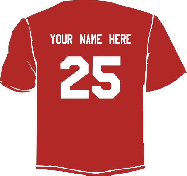 Meyzeek Baseball Red Cationic Moisture wicking T shirt ST 350 with "your name here" text and the number 25 on the back.