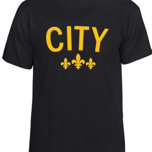 Black t-shirt with yellow "CITY" and fleurs-de-lis.