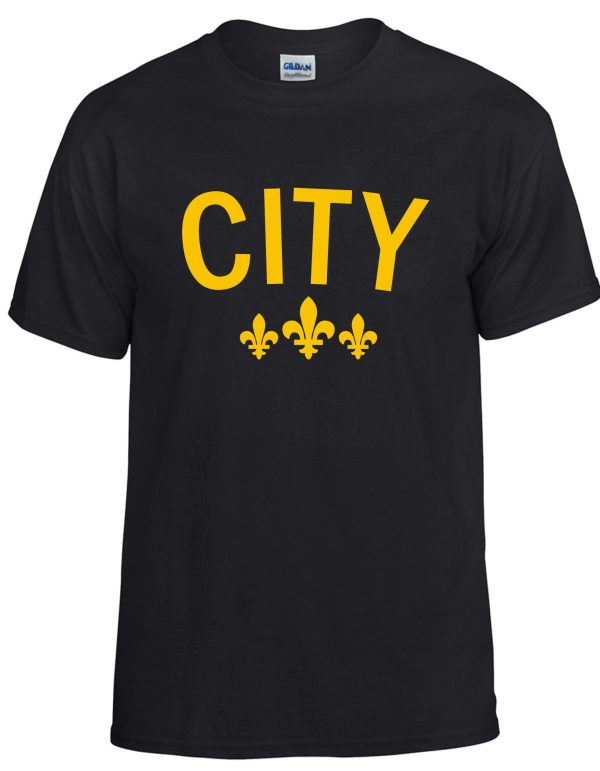 Black t-shirt with yellow "CITY" and fleurs-de-lis.