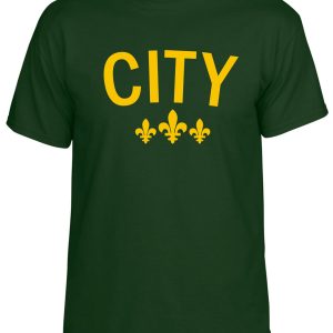 Green t-shirt with yellow "CITY" text.