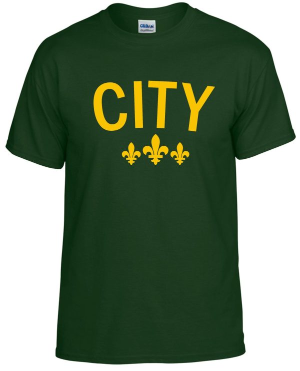 Green t-shirt with yellow "CITY" text.